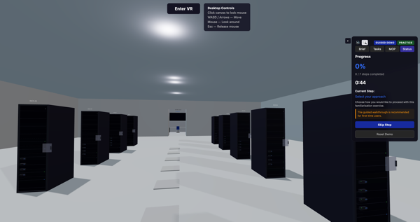 Virtual data centre with server racks and guided training HUD